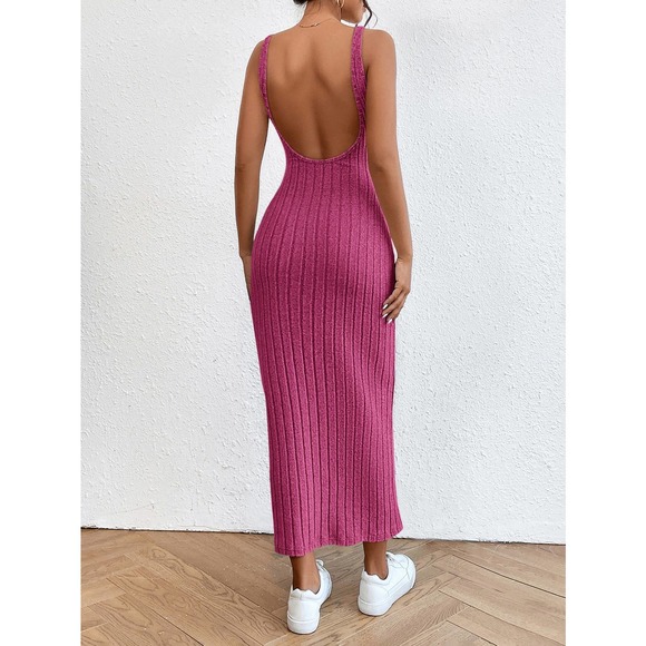 Dresses & Skirts - ribbed knit minimalist Solid Backless Tank maxi Dress hot pink